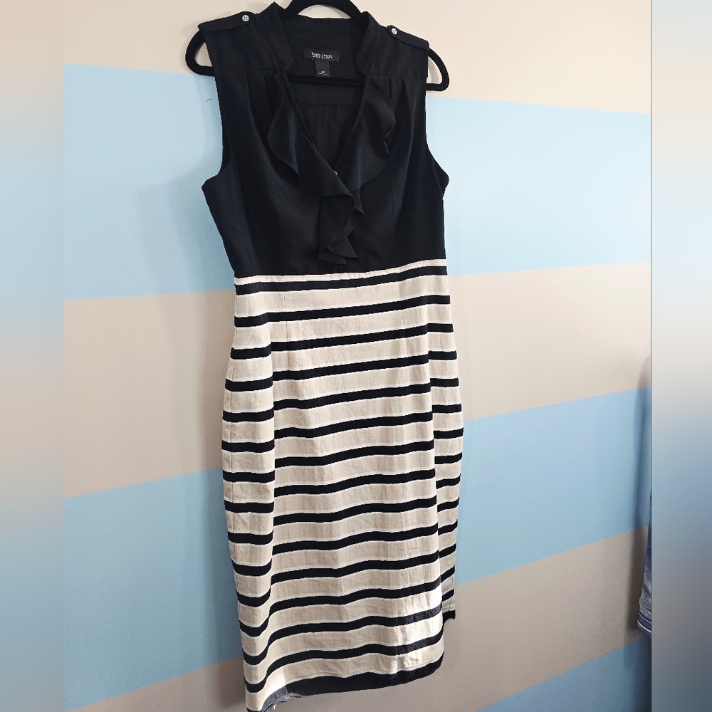 White House Black Market  Black and Cream Striped Midi Dress - Picture 4 of 7